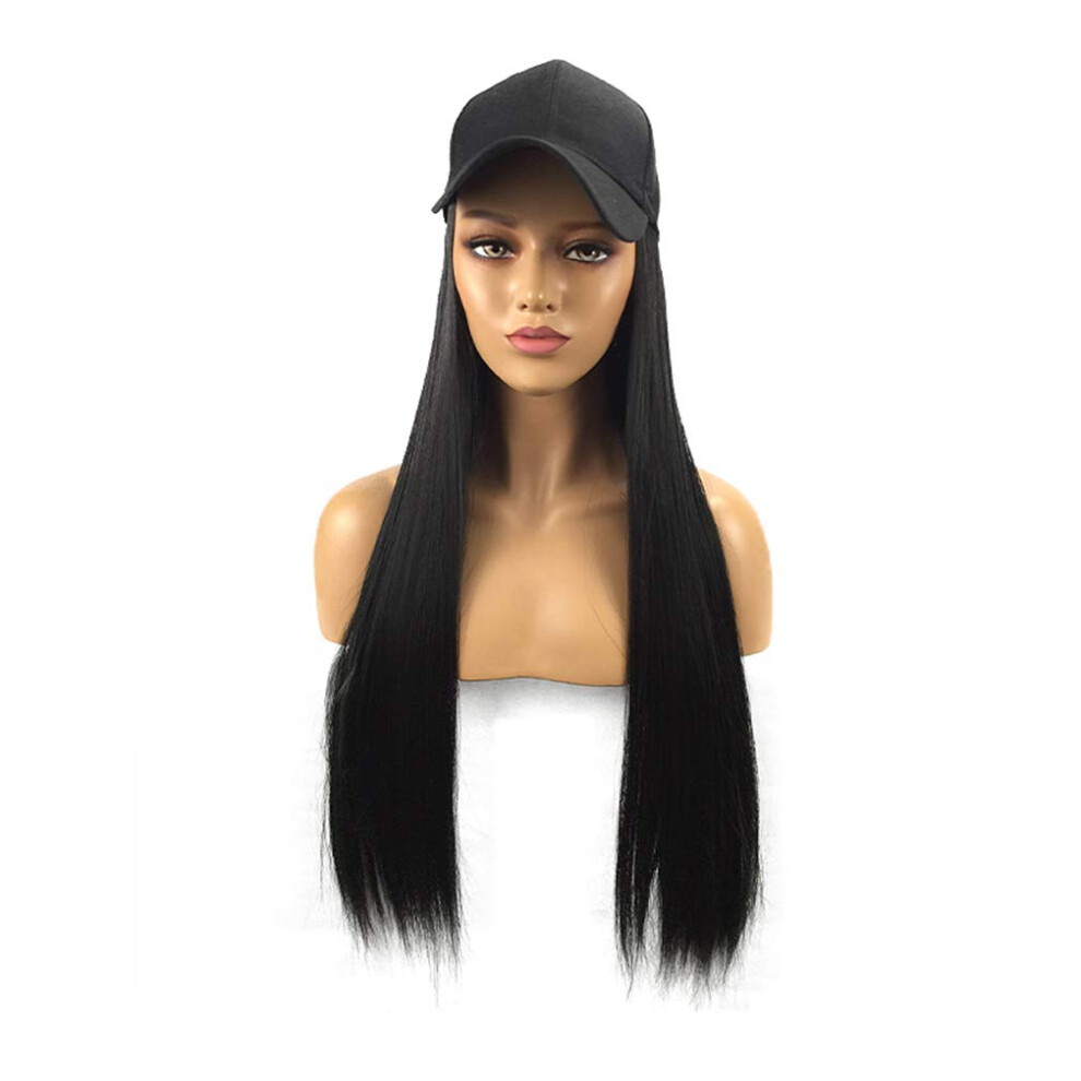 Synthetic Black Wig with Long Straight HeatâResistant Hair and Adjustable Baseball Cap for Women