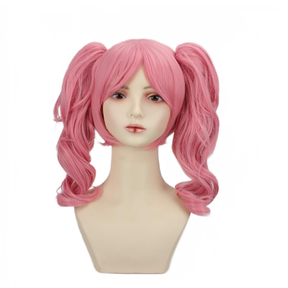 Unisex Pink Long Curly Cosplay Wig With Detachable Ponytails, Heat Resistant Fiber, Wig Cap Included