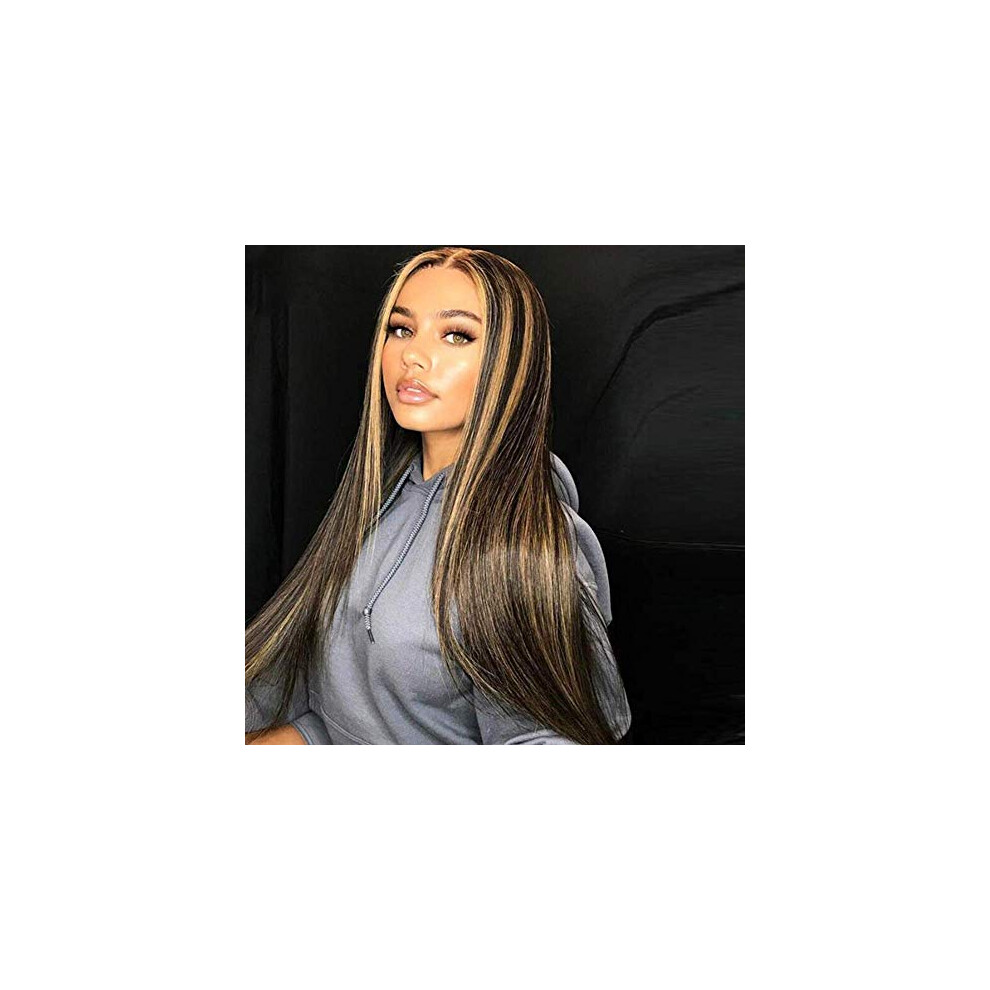 Unisex Black Highlight Straight Human Hair Lace Front Wig 1B 27 Ombre Pre Plucked 13X4 Glueless For Women