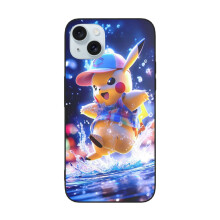 Capa para iPhone 15 compatível com Pikachu, capa de vidro macio para celular com câmera dupla.