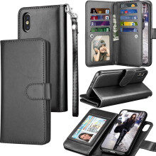Capa carteira compatível com iPhone Xs Max, capa flip de 6,5" com compartimentos para documentos e cartões, capa rígida magnética removível,
