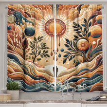 Ambesonne Trippy Kitchen Curtains, Bohemian Huddles of Clouds, 55"x24", Pale Brown Petrol Blue