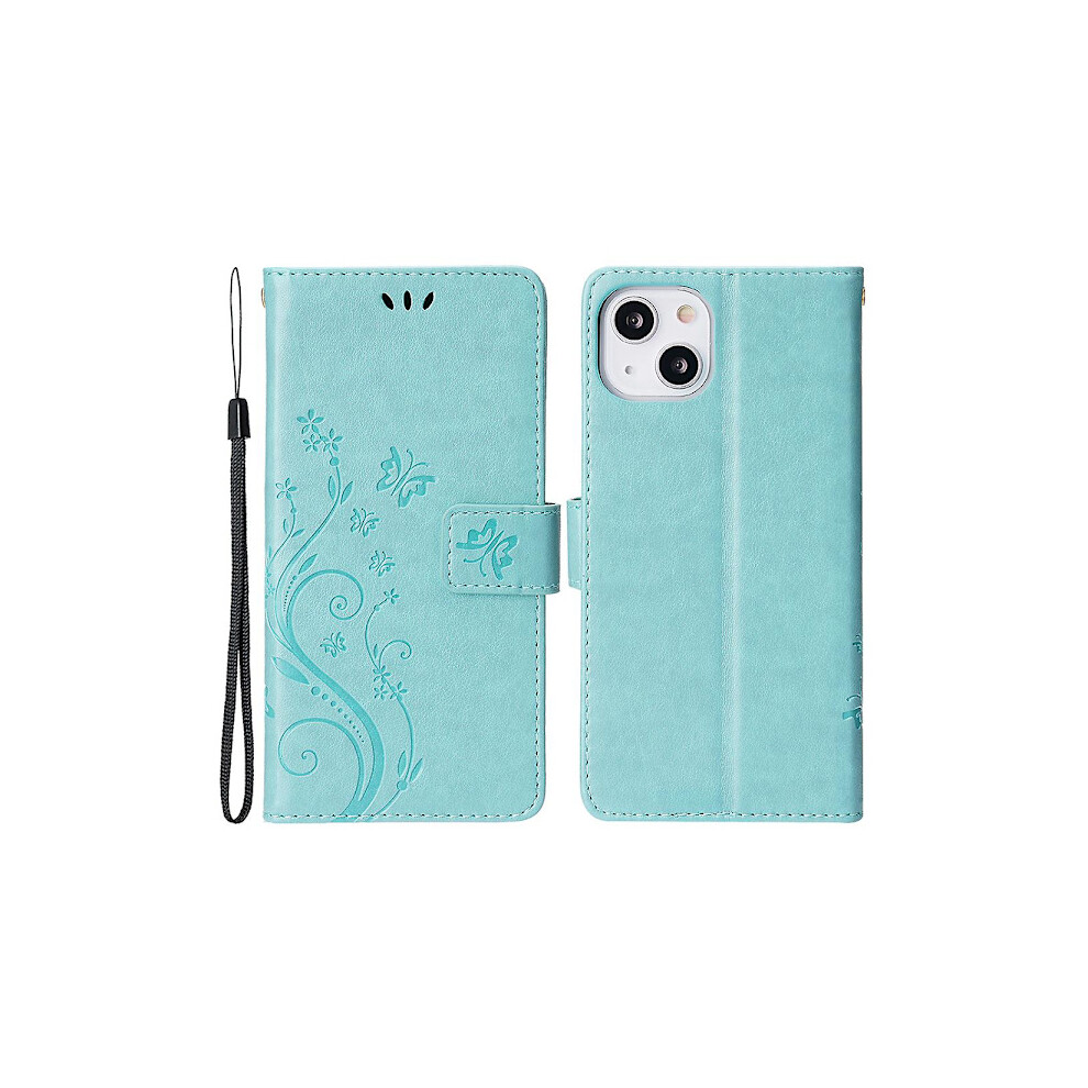 For Compatible With Iphone 15 Imprinted Butterflies Mobile Phone Stand Case Pu Leather Wallet Case With Strap Baby Blue 9004841123592