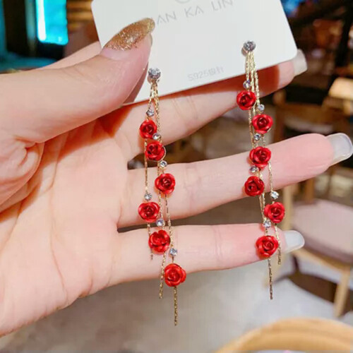 Σκουλαρίκια RSAMD Petal Drop Μακριά Κόκκινα Μωβ Φούντα σε Σχήμα Ρομαντικού Γλυκού 1