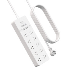 Listwa zasilająca z długim przewodem, przedłużacz 15 stóp, płaska wtyczka, listwa przeciwprzepięciowa, 10 gniazd, 2 porty USB, 1875 W/15 A