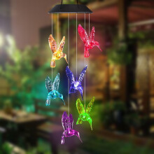 Carillon solaire d'extérieur avec carillon transparent en forme de colibri, effet éolien, LED à changement de couleur. Lampes solaires