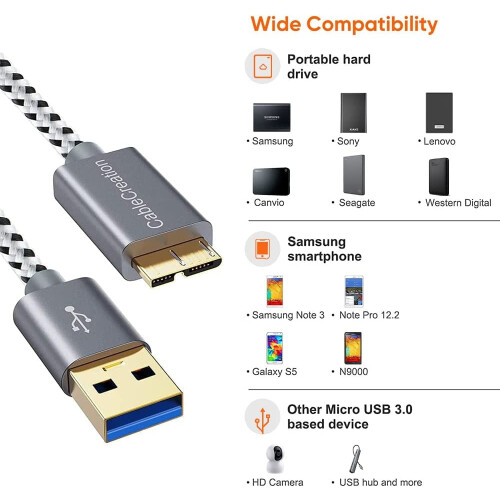USB 3.0 Micro Cable, USB 3.0 A to Micro B Cord, Compatible with External Hard Drive, HD Camera, Charging 1