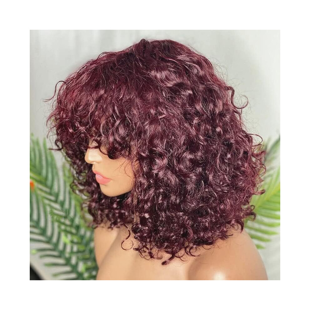 Unisex Red Hd Lace Front Wig 99J Burgundy Curly Bob With Bangs 8 Inch Brazilian Remy Human Hair