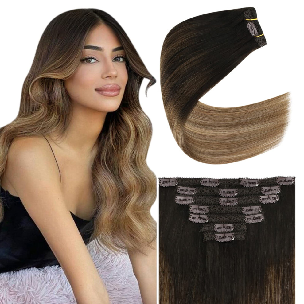 Unisex Brown 14 Inch Remy Balayage Clip In Human Hair Extensions Dark To Blonde 120G 7Pcs
