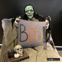 Poszewka na poduszkę dekoracyjną Halloween Boo, 20"x20", len, haft cekinowy, monogram w nowoczesnym stylu – kompatybilna z Boo