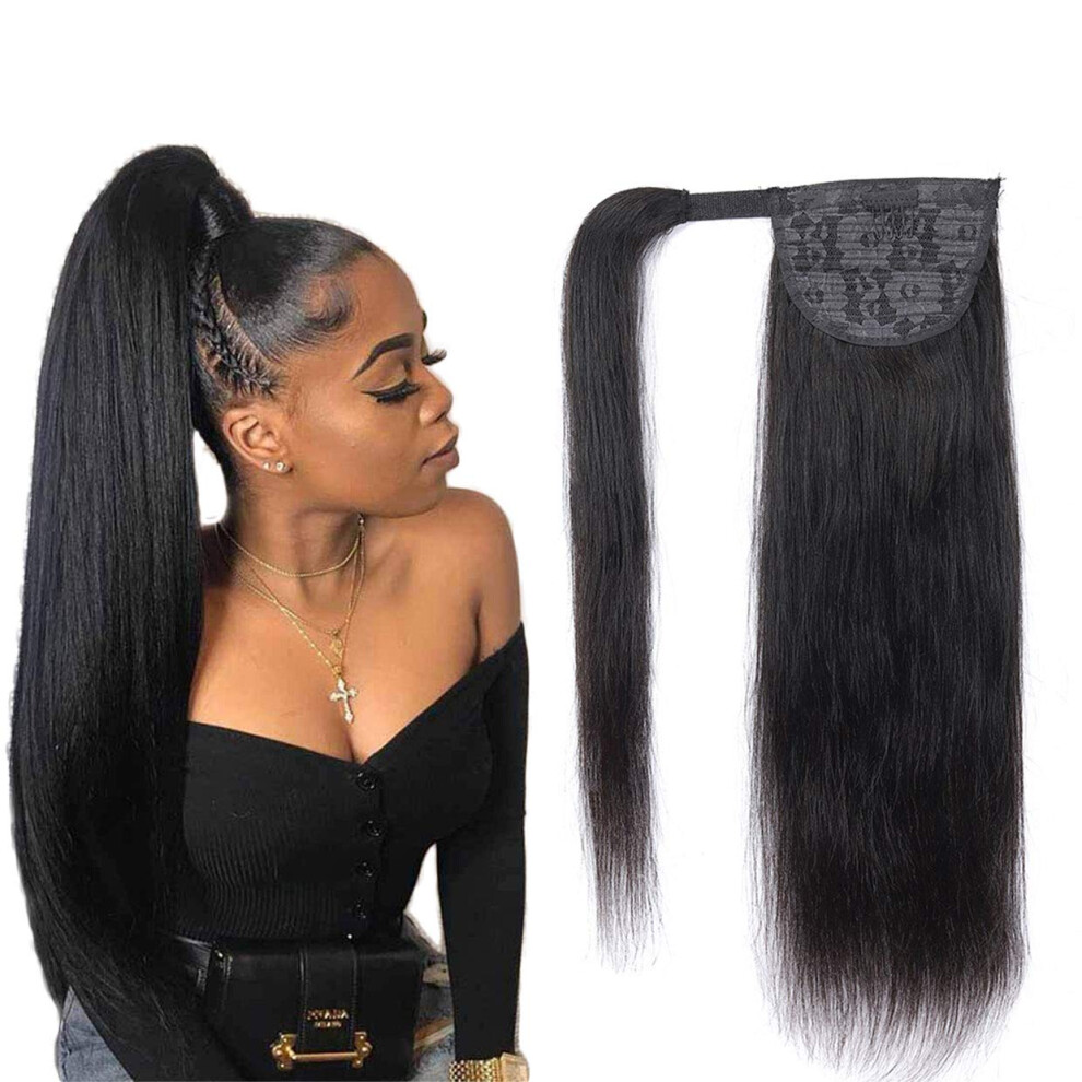 Unisex Black 20 Inch Straight Human Hair Ponytail Extension Natural Brazilian Virgin Remy Clipin