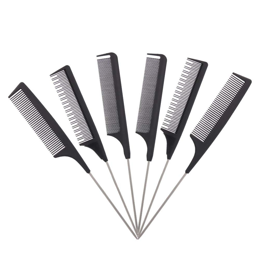 6 Pcs Rat Tail Comb Set with Stainless Steel Lift for Professional Salon Teasing and Styling