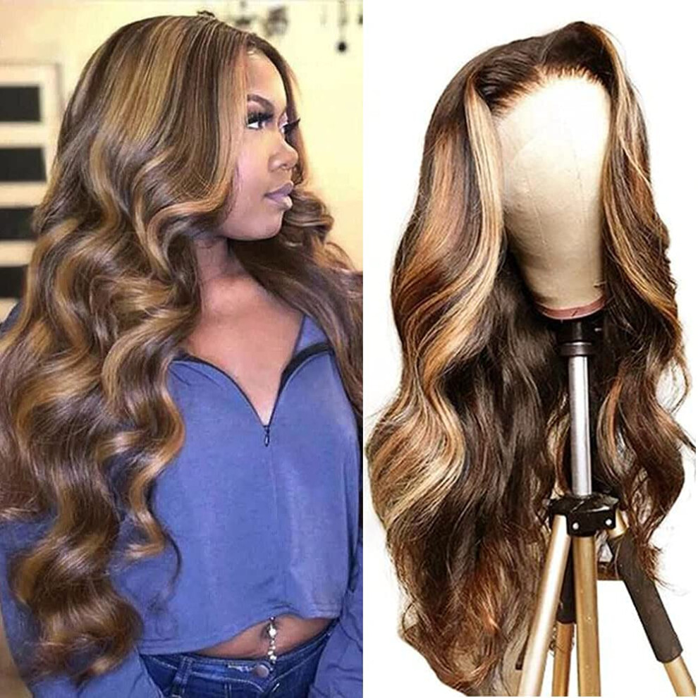 Unisex 14 Inch Ombre Lace Front Wig Human Hair 4/27 Blonde Body Wave Pre Plucked 13X1 Frontal