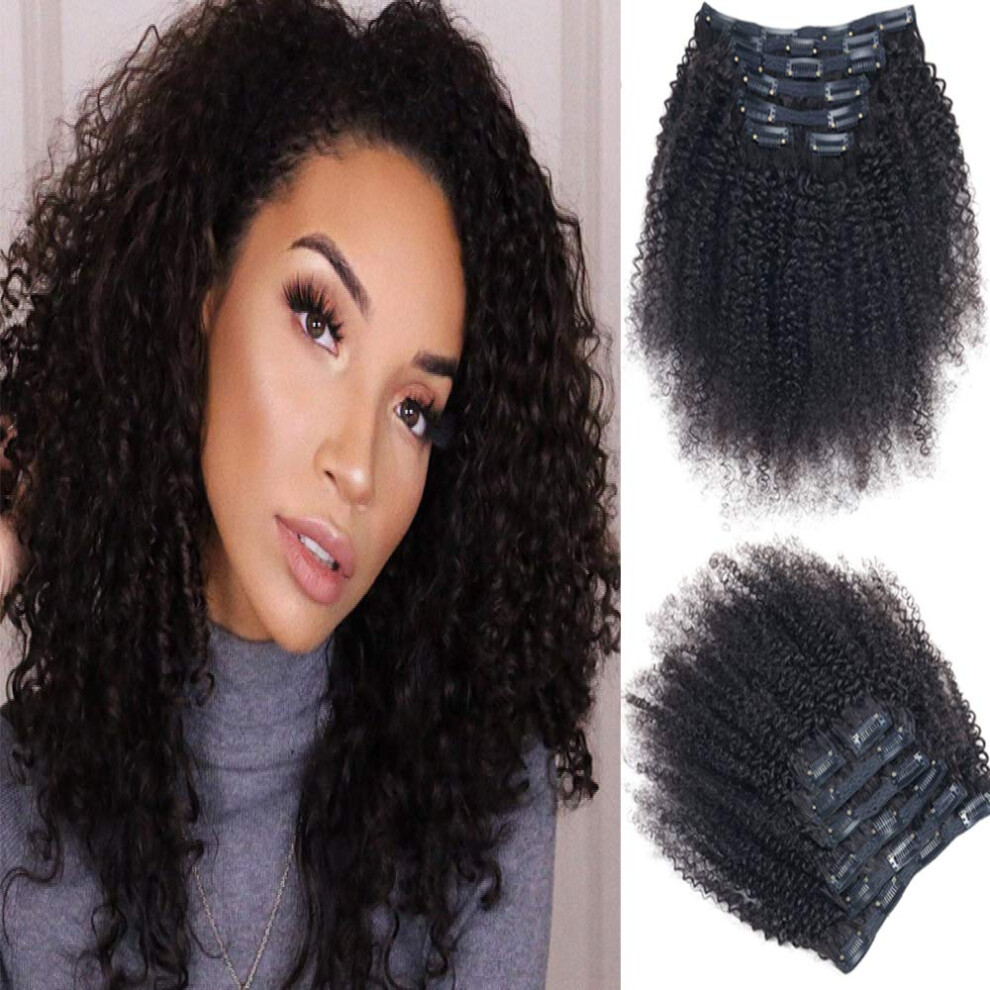 Unisex Black Afro Kinky Curly Human Hair Clip In Extensions Natural Curl Blend For Women 3C 4A Virgin Remy
