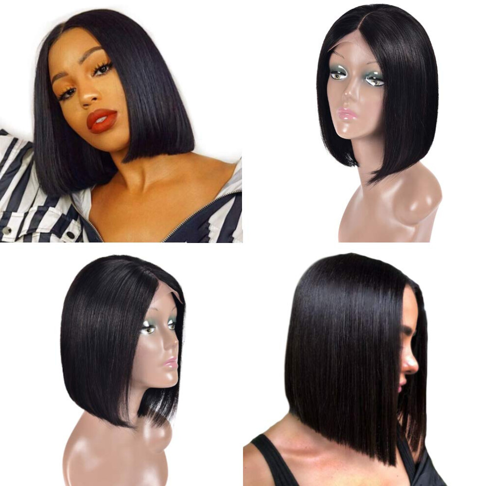 Unisex Human Hair Lace Front Wig 10 Inch Brazilian Straight Bob, Glueless Preplucked With Baby Hair
