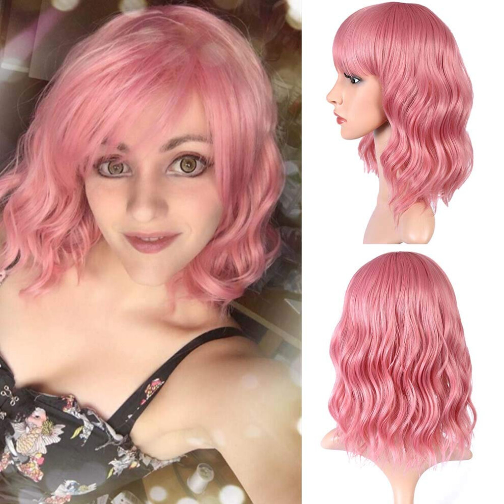 Unisex Pink Curly Bob Wig With Bangs Shoulder Length Wavy Synthetic Hair For Women Adjustable Fit