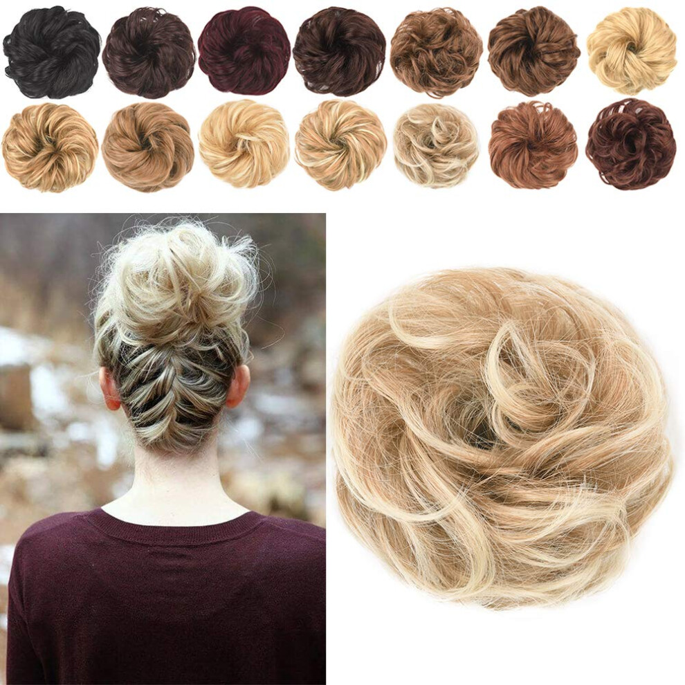 Unisex Cream Messy Bun Hair Piece Extension, Synthetic Curly Wavy Scrunchie, Beige Updo With Elastic Band