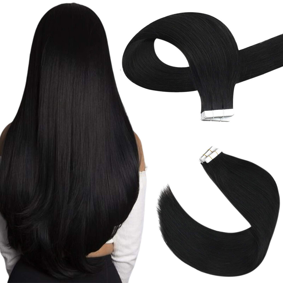 Unisex Black Jet Tape In Hair Extensions 24In Remy Human Hair, Silky Straight, Invisible Seamless 20Pcs 50G