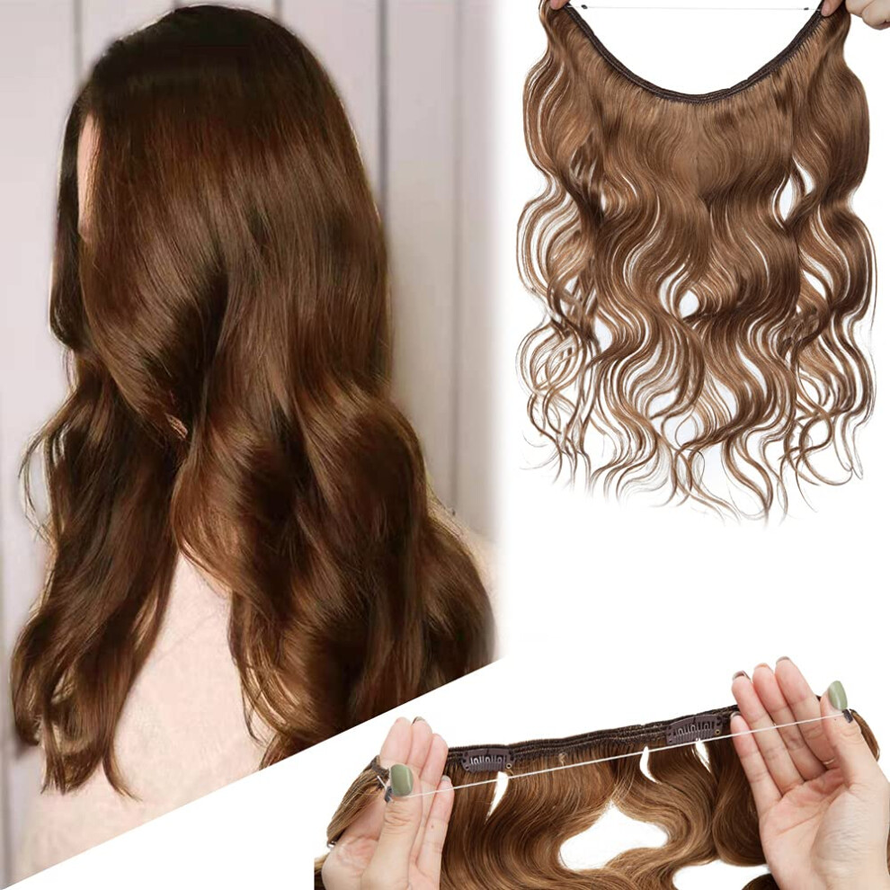 Unisex Brown 22 Inch Light Wavy Human Hair Halo Extensions With Invisible Wire For Instant Volume