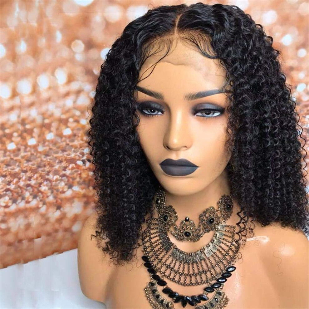 Unisex Short Kinky Curly Lace Front Wig 13X4 Brazilian Remy Human Hair Bob Pre Plucked Middle Part 150% Density 10 Inch