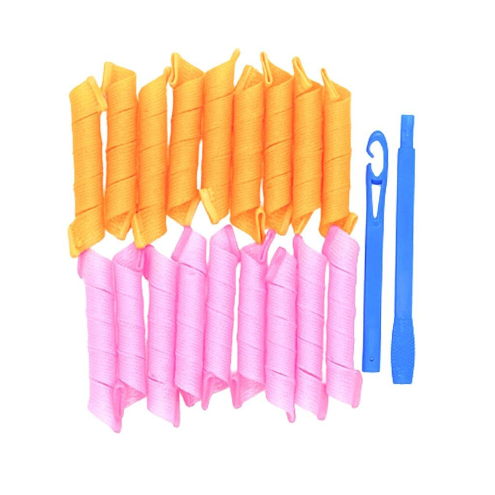 Pink/Orange 18Pcs Heatless Spiral Hair Curlers Styling Kit Reusable Diy No Heat Wide Curlers