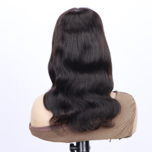 Perruque ondulée en cheveux humains avec frange, 40 cm (16 pouces), confectionnée à la machine avec une bordure en dentelle, cheveux vierges