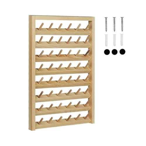 Thread Rack for 48 Spools, Wall Mounted Thread Rack with Hook, Wooden Embroidery Organizer F