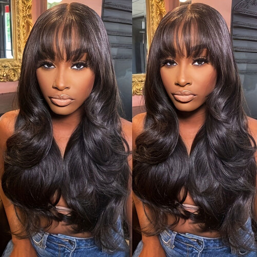 Peruca de cabelo humano ondulado com franja, peruca frontal de renda de 16 polegadas feita à máquina, cabelo virgem brasileiro, cor natural. 2