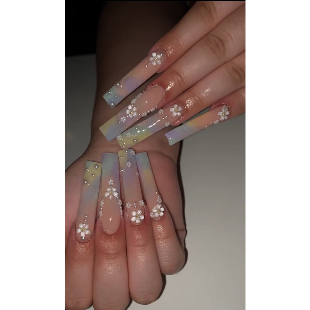 Pink 24Pcs Wearable Square Head Ballerina French False Nails With Glue Full Cover Fake Nails Press On Long Acrylic Manicure Tips