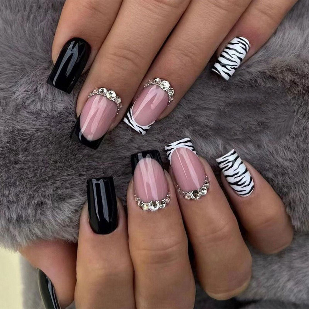 Press on Nails 24Pcs Short False Nails with Glitter, 10ml Nail Glue Compatible with Valentine's Day Decorations for Women Girls