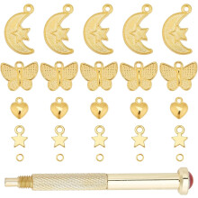 Kit de Unhas Decoradas 3D Dourado com 180 Peças, Incluindo Pingentes de Lua, Estrela e Coração, Argolas e Ferramentas Manuais para Unhas DIY.
