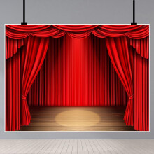 Theater Stage Backdrops Red Curtains, Spotlights, Rustic Wooden Floor, for Photography, Festival, Celebration, Show, Studio Props