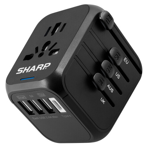 Compatível com o adaptador de tomada de viagem SHARP com proteção contra curto-circuito.