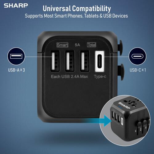 Compatível com o adaptador de tomada de viagem SHARP com proteção contra curto-circuito. 1