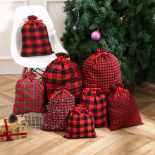Lot de 5 sacs à cordon à carreaux Buffalo pour Noël, grands sacs cadeaux, sacs d'emballage pour cadeaux de fête