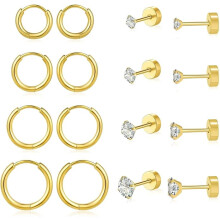 Cterwk8Pairs Flache Ohrstecker-Sets 8mm 10mm 12mm 14mm Hypoallergene kleine Creolen Zirkonia-Ohrstecker für Damen und Herren