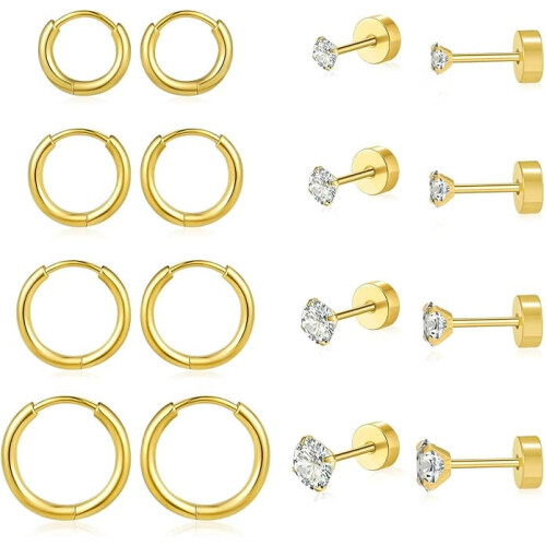 Σετ σκουλαρίκια Cterwk8Pairs με επίπεδη πλάτη 8mm10mm12mm14mm Υποαλλεργικά σκουλαρίκια