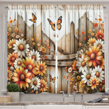 Cortinas de cozinha rústicas Ambesonne, estampa Camomila de Verão, 140 x 60 cm, tons de laranja, sépia e branco.