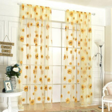 Cortina de janela transparente com estampa floral de girassóis para sala de estar, quarto, cozinha e decoração de casa.