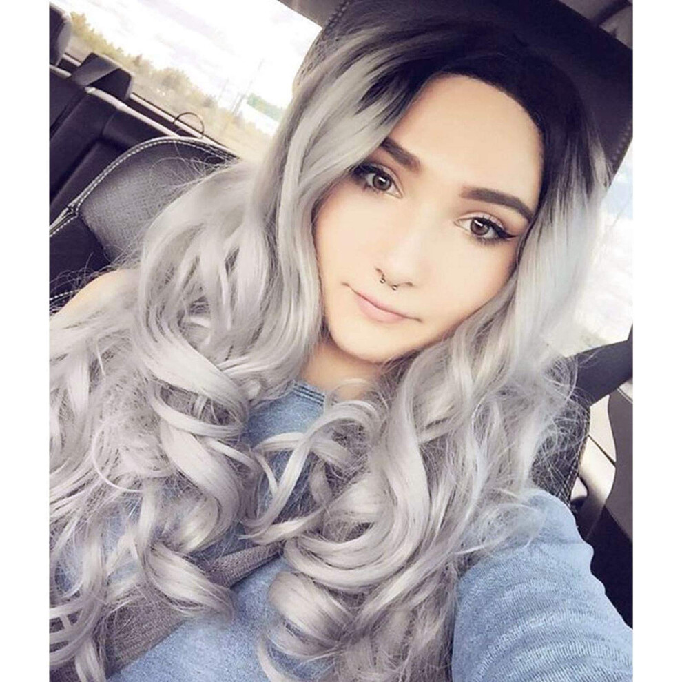 Unisex Silver Gray Ombre Synthetic Wig 24 Inch Long Wavy Heat Resistant Fiber With Natural Middle Part