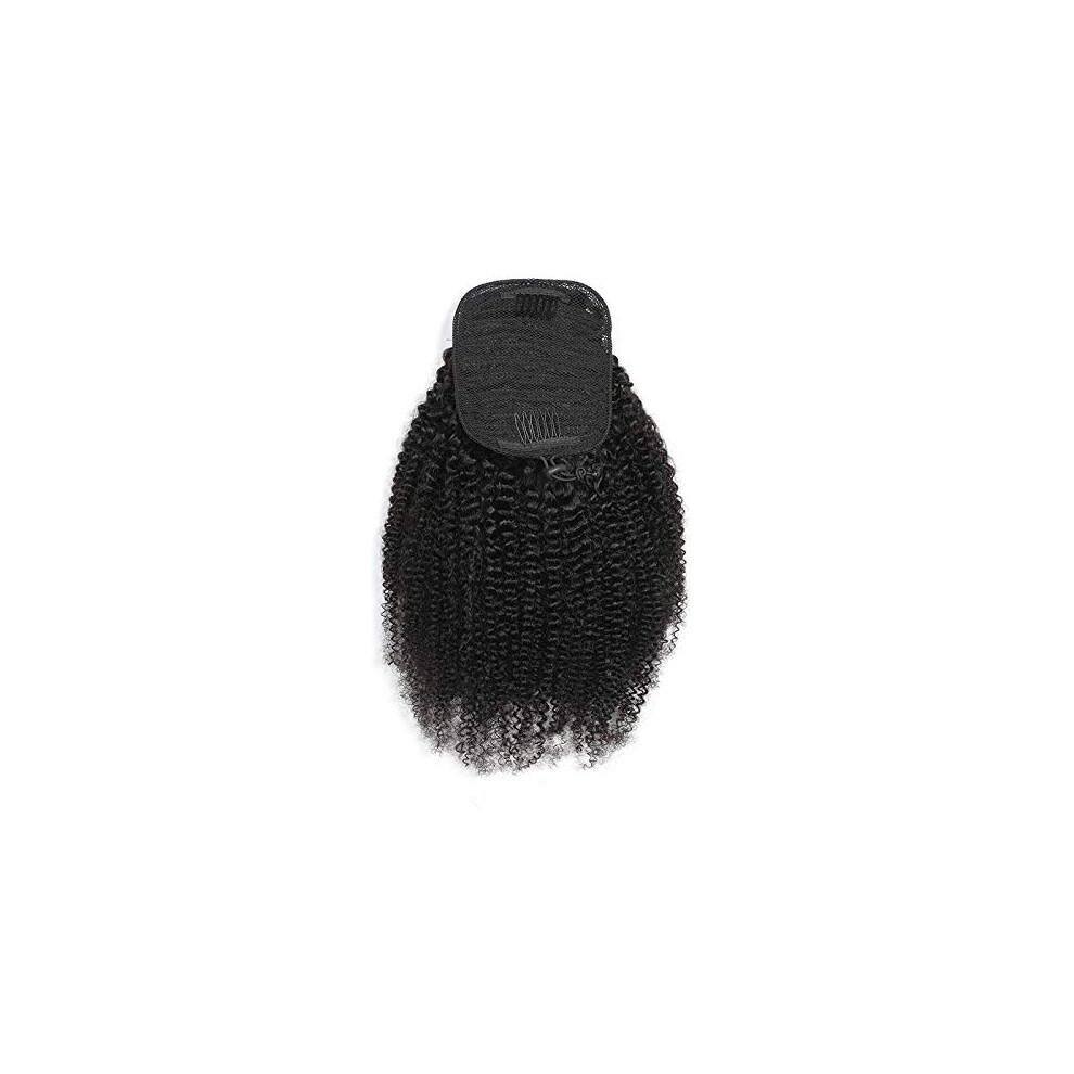 Unisex Black Afro Kinky Curly Human Hair Drawstring Ponytail Extension, Brazilian Virgin Clip In Hairpiece 14' Natural