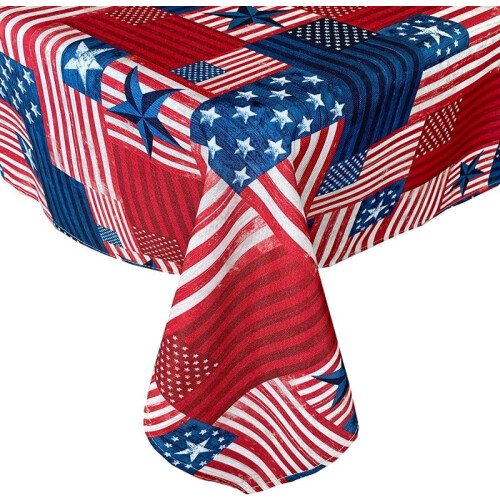 Toalha de mesa retangular de 52x70 polegadas, patchwork com a bandeira americana, tecido resistente à água para uso interno e externo, estampa