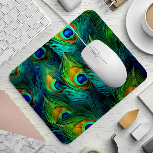 Πράσινο τετράγωνο Mousepad με φτερό παγωνιού, ύφασμα για ποντίκι υπολογιστή με βάση 1
