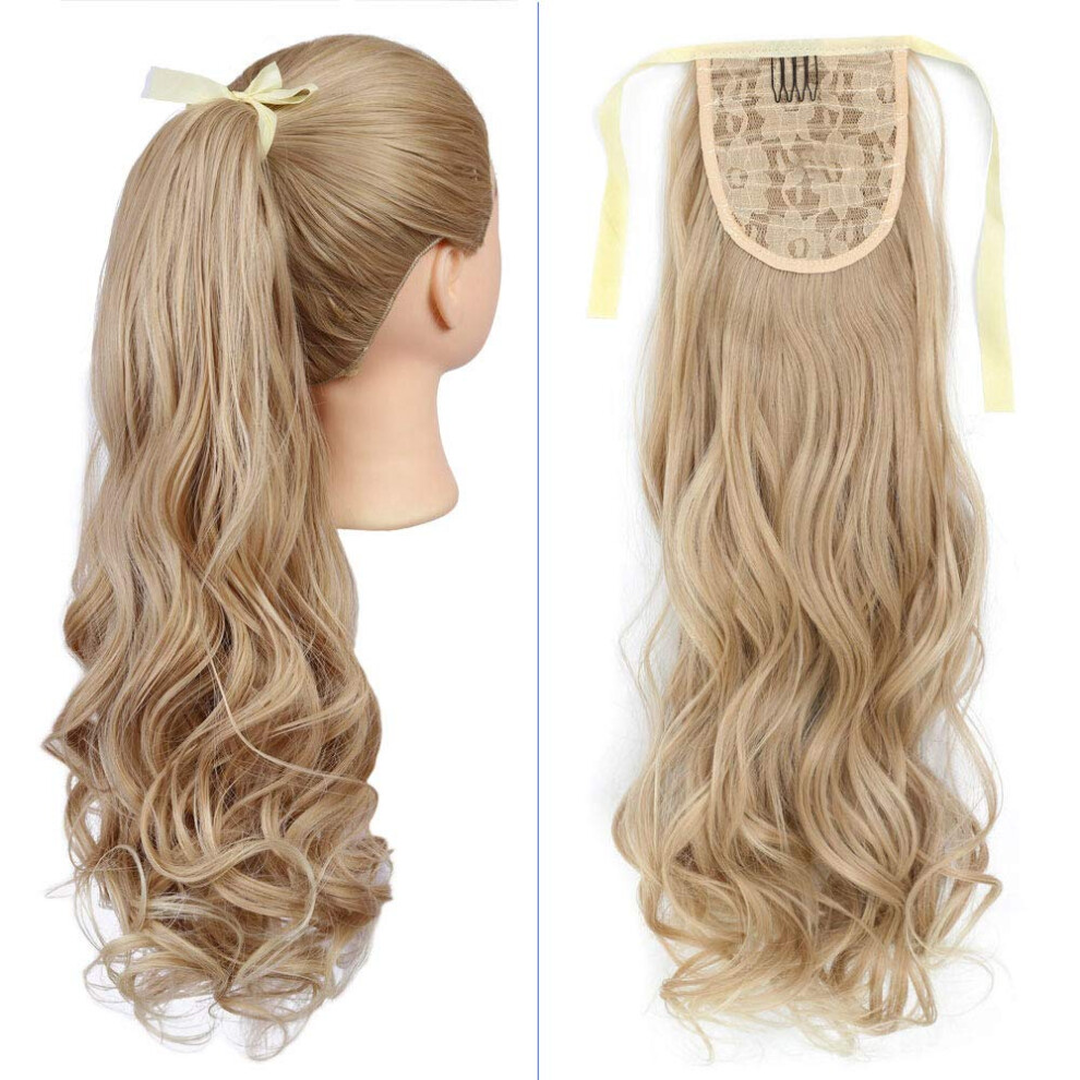 Synthetic Ponytail Extension 24 Inch Wavy Wrap Around Clip In with Ribbons for Instant Length & Volume