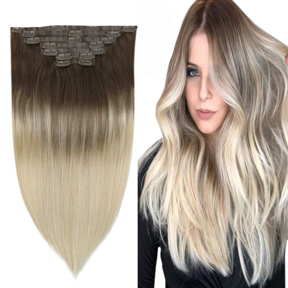Unisex Brown,Silver Human Hair Clip In Extensions 22 Inch Balayage Light Brown To Platinum Blonde Seamless Pu Full Head 7Pcs 120G