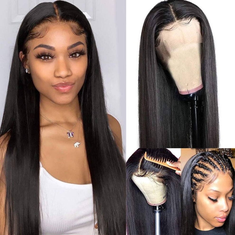 Unisex Black 16 Inch Lace Front Human Hair Wig Natural Pre Plucked Hairline Brazilian Straight 150% Density 13X4 Bleached Knots