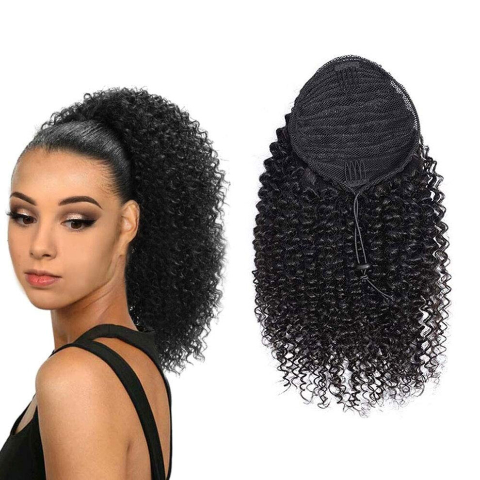 Unisex Black Human Hair Ponytail Extension Brazilian Virgin Afro Kinky Curly Drawstring Natural 14'