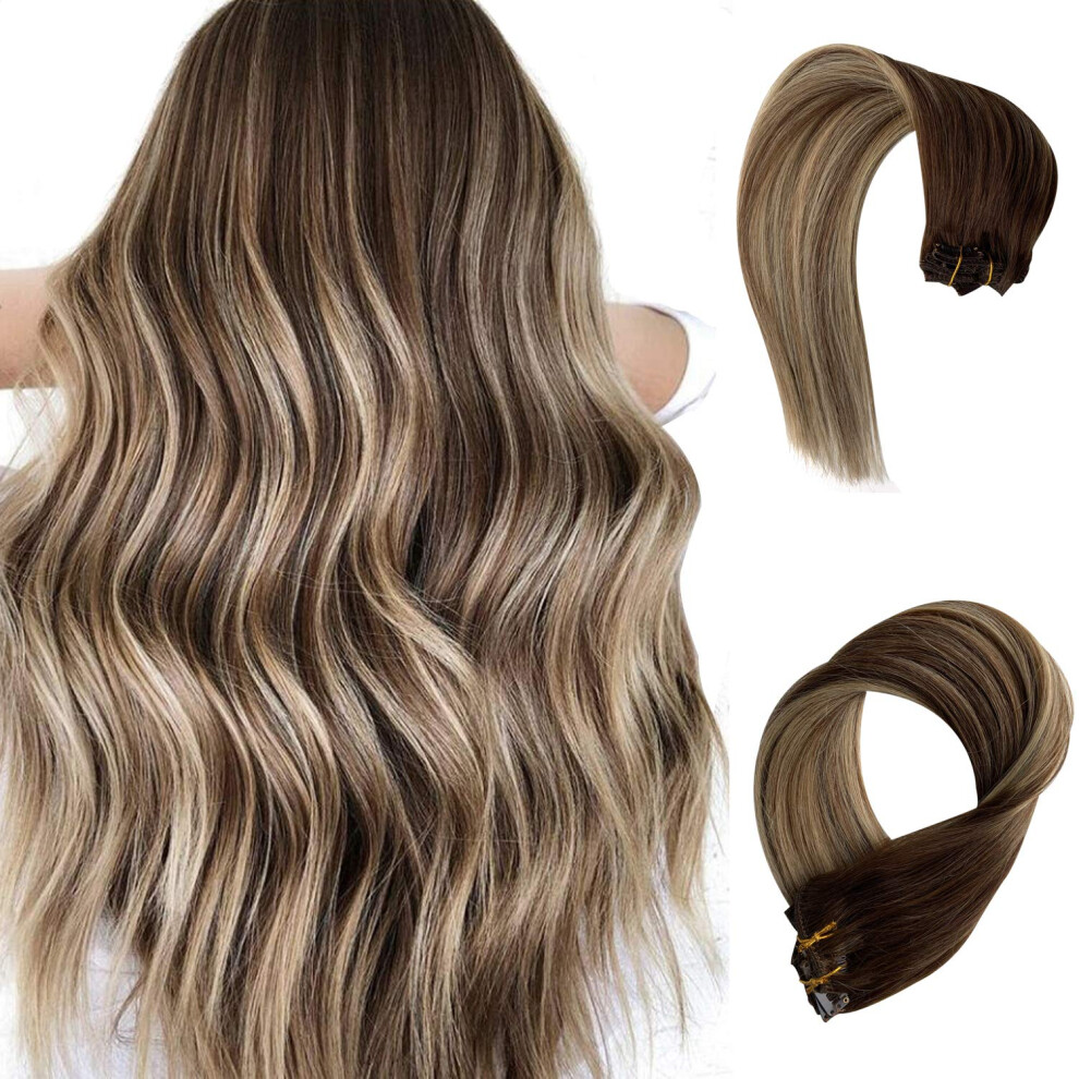 Unisex Brown 20 Inch Balayage Chestnut To Blonde Remy Clip In Human Hair Extensions Silky Straight 7Pcs