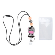 Niedlicher Namensclip mit Schlüsselring, einziehbarer Ausweishalter, verstellbares Lanyard mit Cartoon-Perlenmuster, Ausweisclip aus Silikon und