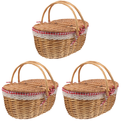 3Pcs Picnic Basket With Handles And Lid Wicker Woven Rustic Storage 2